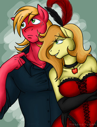 Size: 1000x1300 | Tagged: safe, artist:hasana-chan, big macintosh, braeburn, earth pony, anthro, g4, applecest, bailey sweet, blushing, breasts, cleavage, clothes, collar, corset, evening gloves, female, gloves, incest, male, ship:baileymac, ship:braemac, shipping, straight, transgender