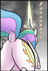 Size: 382x564 | Tagged: safe, artist:pencils, edit, princess celestia, alicorn, pony, comic:anon's pie adventure, g4, blaster, butt, cropped, dock, fart joke, female, magic, magic blast, mare, plot, solar wind, solo, sunbutt, text edit