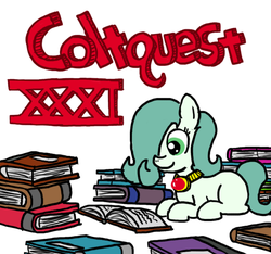 Size: 640x600 | Tagged: safe, artist:ficficponyfic, oc, oc only, oc:emerald jewel, earth pony, pony, colt quest, amulet, book, child, color, colt, cute, foal, happy, logo, male, pages, reading, recap, solo, studying, title, title card