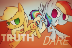 Size: 2743x1828 | Tagged: safe, artist:supercoco142, applejack, rainbow dash, g4, dare, frown, grin, missing accessory, truth