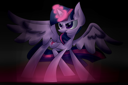 Size: 2743x1828 | Tagged: safe, artist:supercoco142, twilight sparkle, alicorn, pony, g4, female, glowing horn, horn, mare, solo, spread wings, twilight sparkle (alicorn)