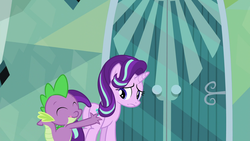 Size: 1920x1080 | Tagged: safe, screencap, spike, starlight glimmer, g4, the crystalling, butt touch, eyes closed, frown, hand on butt, licking, licking lips, out of context, pushing, rump push, spike the butt lover, tongue out