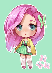 Size: 844x1179 | Tagged: safe, artist:pinkiepiee, fluttershy, human, g4, animal bag, bag, barrette, cardigan, chibi, clothes, cute, cyan eyes, daaaaaaaaaaaw, digital art, dress, female, green background, green dress, hair accessory, humanized, light skin, looking at you, pink hair, pixiv, sandals, shyabetes, simple background, socks, solo, standing, stockings, sweater, sweatershy, thigh highs, white socks, white stockings, yellow sweater