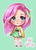 Size: 844x1179 | Tagged: safe, artist:pinkiepiee, fluttershy, human, g4, animal bag, bag, barrette, cardigan, chibi, clothes, cute, cyan eyes, daaaaaaaaaaaw, digital art, dress, female, green background, green dress, hair accessory, humanized, light skin, looking at you, pink hair, sandals, shyabetes, simple background, socks, solo, standing, stockings, sweater, sweatershy, thigh highs, white socks, white stockings, yellow sweater