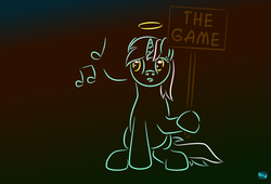Size: 666x453 | Tagged: safe, artist:quint-t-w, lyra heartstrings, pony, unicorn, g4, female, gradient background, halo, l.u.l.s., music notes, newbie artist training grounds, sign, solo, the game, whistling