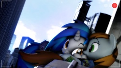 Size: 1193x670 | Tagged: safe, artist:doge4ce, oc, oc only, oc:homage, oc:littlepip, pony, unicorn, fallout equestria, 3d, city, clothes, cuddling, fanfic, fanfic art, female, horn, jumpsuit, mare, oc x oc, ship:pipmage, shipping, snuggling, source filmmaker, vault suit