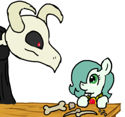 Size: 640x600 | Tagged: safe, artist:ficficponyfic, color edit, edit, oc, oc only, oc:emerald jewel, oc:lady elegance, chimera pony, dragon, earth pony, pony, undead, colt quest, amulet, bone, child, color, colored, colt, foal, hair over one eye, horns, male, monster, red eyes, skull, table