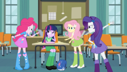 Size: 1280x720 | Tagged: safe, screencap, fluttershy, pinkie pie, rarity, twilight sparkle, equestria girls, g4, my little pony equestria girls, angry, argument, backpack, balloon, book, boots, bracelet, chair, classroom, clothes, female, high heel boots, incomplete twilight strong, jewelry, skirt, socks, table, worried