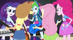 Size: 1280x714 | Tagged: safe, screencap, applejack, fluttershy, pinkie pie, rainbow dash, rarity, equestria girls, g4, my little pony equestria girls: rainbow rocks, angry, argument, balloon, bass guitar, bracelet, clothes, electric guitar, female, guitar, jewelry, keytar, musical instrument, skirt, turning against each other