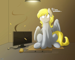 Size: 3000x2400 | Tagged: safe, artist:fluffyxai, derpy hooves, pegasus, pony, g4, bandaid, cheek fluff, chest fluff, colored pupils, computer, derpy hooves tech support, female, food, high res, i just don't know what went wrong, mare, monitor, muffin, russian, solo, translated in the comments