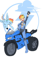 Size: 2480x3508 | Tagged: safe, artist:pk4g, rainbow dash, human, g4, duo, fangs, grin, high res, human ponidox, humanized, motorcycle, raised arm, self ponidox, simple background, white background