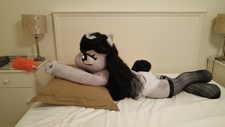 Size: 5312x2988 | Tagged: safe, artist:bigsexyplush, artist:somethingaboutoctavia, octavia melody, earth pony, anthro, g4, anthro plushie, bed, bedroom, bedroom eyes, butt, clothes, costume, crossed legs, doll, duster, female, high res, irl, lying, lying down, maid, octamaid, outfit, panties, photo, pillow, plot, plushie, socks, socktavia, solo, stockings, tail bun, thigh highs, thunder thighs, toy, underwear, white underwear, wide hips