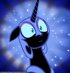 Size: 1000x1044 | Tagged: safe, artist:zantyarz, nightmare moon, pony, g4, female, mare, reaction image, solo, sunburst background, surprise face