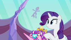 Size: 1280x720 | Tagged: safe, screencap, princess cadance, rainbow dash, rarity, g4, games ponies play, against glass, ceremonial headdress, glass