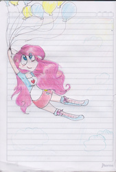 Size: 999x1480 | Tagged: safe, artist:gabialicornprincess, pinkie pie, equestria girls, g4, alternate hairstyle, balloon, female, flying, holding, humanized, lined paper, looking up, smiling, solo, then watch her balloons lift her up to the sky, traditional art