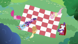 Size: 993x559 | Tagged: safe, screencap, applejack, fluttershy, pinkie pie, rainbow dash, rarity, twilight sparkle, pony, g4, lesson zero, both cutie marks, fainting couch, female, horn, hornjob, mane six, messy mane, overhead view, picnic blanket, twilight snapple