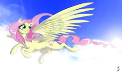 Size: 5906x3543 | Tagged: safe, artist:blackrunewarlock, fluttershy, pegasus, pony, g4, absurd resolution, cloud, female, flying, large wings, lens flare, looking back, mare, sky, solo, wings