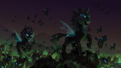Size: 3242x1824 | Tagged: safe, artist:share dast, changeling, changeling swarm, dark, flying, open mouth, raised hoof, swarm