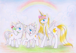 Size: 3501x2465 | Tagged: safe, artist:unknownsoulcollector, oc, oc only, alicorn, pony, alicorn oc, flower, high res, rainbow, traditional art
