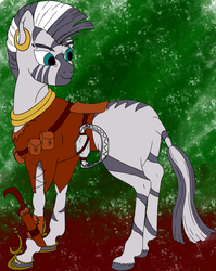 Size: 1100x1380 | Tagged: safe, artist:widowpeak, zecora, zebra, g4, bear trap, clothes, female, knife, missing cutie mark, solo