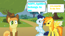 Size: 1024x576 | Tagged: safe, artist:megamastermario2009, braeburn, soarin', spitfire, g4, 1000 hours in ms paint, angry, female, male, ms paint, rejected, ship:soarinfire, shipping, straight
