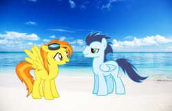 Size: 862x557 | Tagged: safe, artist:megamastermario2009, soarin', spitfire, g4, female, male, ship:soarinfire, shipping, straight