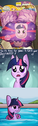 Size: 792x2599 | Tagged: safe, artist:tjpones, twilight sparkle, alicorn, pony, g4, ascension realm, comic, female, implied princess celestia, mare, merchandise, offscreen character, princess celestia's special princess making dimension, swimming, twilight sparkle (alicorn), unamused, water wings