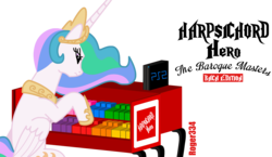 Size: 2392x1392 | Tagged: safe, artist:roger334, princess celestia, alicorn, pony, g4, baroque, crossover, female, guitar hero, harpsichord, mare, musical instrument, parody, playstation, playstation 2, rhythm game, simple background, solo, transparent background, vector