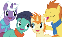 Size: 5000x3011 | Tagged: safe, artist:dashiesparkle, autumn leaf, dawntreader, melon arcade, silver script, pony, a hearth's warming tail, g4, .svg available, beanie, clothes, eyes closed, group, hat, high res, open mouth, ponyscape, scarf, simple background, singing, transparent background, vector