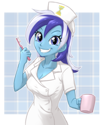 Size: 720x865 | Tagged: safe, artist:ta-na, minuette, equestria girls, g4, clothes, dentist, equestria girls-ified, female, grin, looking at you, mug, shiny, shiny teeth, solo, sparkling smile, toothbrush, uniform