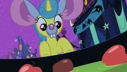 Size: 1280x720 | Tagged: safe, screencap, lemon hearts, pony, g4, luna eclipsed, apple, apple bobbing, background pony, clothes, costume, fake ears, female, food, mare, mouse costume, nightmare night, nightmare night costume, solo