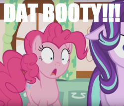 Size: 864x740 | Tagged: safe, edit, edited screencap, screencap, pinkie pie, starlight glimmer, g4, no second prances, butt, caption, image macro, plot, shocked, stare, the ass was fat