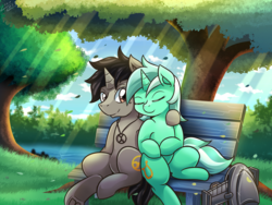 Size: 2000x1500 | Tagged: safe, artist:vavacung, lyra heartstrings, oc, pony, unicorn, g4, bench, canon x oc, duo, female, lake, lidded eyes, male, shipping, sitting, stallion, straight, tree