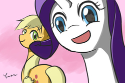 Size: 1024x683 | Tagged: safe, artist:yuwentaiji, applejack, rarity, g4, offscreen rarijack, ship:rarijack, shipping