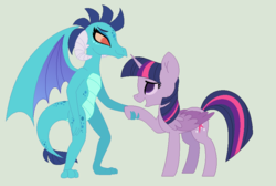 Size: 879x589 | Tagged: safe, artist:selenaede, artist:simplybritish, princess ember, twilight sparkle, alicorn, dragon, pony, g4, female, holding hands, holding hooves, mare, ship:emberlight, smiling, twilight sparkle (alicorn)