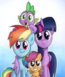 Size: 1612x1912 | Tagged: safe, artist:manual-monaro, rainbow dash, scootaloo, spike, twilight sparkle, alicorn, dragon, pegasus, pony, g4, adopted offspring, family photo, female, grin, happy, hug, lesbian, looking at you, mare, open mouth, parent:rainbow dash, parent:twilight sparkle, parents:twidash, scootadoption, scootalove, ship:twidash, shipping, sitting, smiling, standing, twilight sparkle (alicorn), winghug