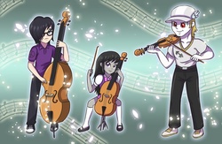 Size: 1024x669 | Tagged: safe, artist:sumin6301, bulk biceps, octavia melody, oc, oc:sumin, equestria girls, g4, bow (instrument), bowtie, cello, cello bow, clothes, double bass, glasses, hat, musical instrument, pants, playing, shoes, smiling, socks, violin, violin bow