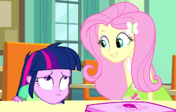 Size: 716x458 | Tagged: safe, fluttershy, twilight sparkle, equestria girls, g4, animated, clothes, computer, facedesk, female, laptop computer, pinkie pie laptop, reversed, skirt, twilight sparkle (alicorn)