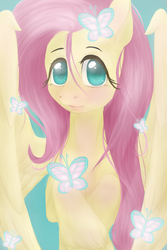 Size: 800x1200 | Tagged: safe, artist:lourita-shine, fluttershy, butterfly, pegasus, pony, g4, bust, female, looking at you, mare, portrait, solo, spread wings, stray strand, unshorn fetlocks