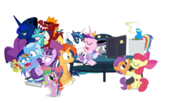 Size: 1100x647 | Tagged: safe, artist:dm29, apple bloom, boulder (g4), garble, maud pie, princess cadance, princess ember, princess flurry heart, princess luna, rainbow dash, shining armor, snowfall frost, spike, spirit of hearth's warming yet to come, starlight glimmer, sunburst, tender taps, trixie, dragon, pony, unicorn, a hearth's warming tail, g4, gauntlet of fire, newbie dash, no second prances, on your marks, the crystalling, the gift of the maud pie, backwards cutie mark, beach chair, chair, clothes, couch, crossing the memes, cute, cutie mark, dancing, female, filly, garble's hugs, hat, hearth's warming, male, mare, meme, menu, now you're thinking with portals, portal, present, rainbow trash, ship:emble, shipping, simple background, straight, sweet dreams fuel, tenderbloom, the cmc's cutie marks, the story so far of season 6, this isn't even my final form, top hat, transparent background, trash can, wall of tags, wonderbolts uniform