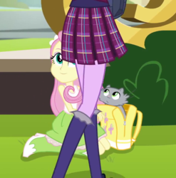 Size: 710x720 | Tagged: safe, screencap, fluttershy, sci-twi, twilight sparkle, cat, equestria girls, g4, my little pony equestria girls: friendship games, backpack, boots, clothes, crystal prep academy uniform, female, high heel boots, legs, school uniform, skirt, socks