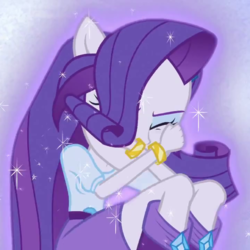 Size: 720x720 | Tagged: safe, screencap, rarity, equestria girls, g4, my little pony equestria girls: friendship games, belt, blocking, blouse, boots, bracelet, clothes, curled up, eyes closed, female, hair, head down, hidden face, jewelry, makeup, ponied up, shoes, skirt, solo, teenager, top, transformation
