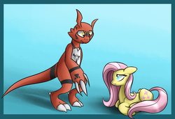 Size: 3500x2400 | Tagged: safe, artist:erockertorres, fluttershy, guilmon, pony, g4, blue background, crossover, digimon, duo, female, male, mare, prone, simple background, wingless