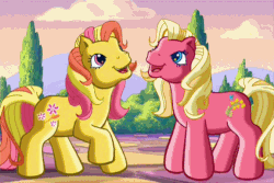 Size: 576x384 | Tagged: safe, screencap, forsythia (g3), gem blossom, earth pony, pony, g3, the princess promenade, adorablossom, animated, cute, duo, female, flower, friendship and flowers, g3 forsythiabetes, g3betes, happy, holding, mare, that pony sure does love flowers