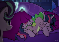 Size: 1352x965 | Tagged: safe, artist:dsana, spike, starlight glimmer, twilight sparkle, alicorn, dragon, pony, g4, bed, blanket, female, hug, magic, mare, sleeping, spikelove, twilight sparkle (alicorn)