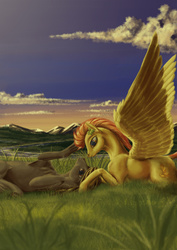 Size: 2480x3508 | Tagged: safe, artist:kirillk, spitfire, oc, oc:chocolate chips, earth pony, pegasus, pony, g4, canon x oc, cloud, clover, female, firechips, flower, flower in hair, four leaf clover, grass, high res, male, mare, meadow, mountain, on back, prone, shipping, spread wings, stallion, straight