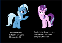 Size: 1179x820 | Tagged: safe, starlight glimmer, trixie, pony, unicorn, g4, comparison, drama, female, graveyard of comments, mare, meta, starlight drama