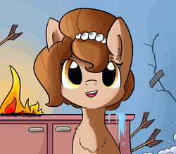 Size: 1037x907 | Tagged: safe, artist:tjpones edits, edit, editor:dsp2003, oc, oc only, oc:brownie bun, cute, duct tape, female, fire, kitchen, open mouth, property damage, solo, textless