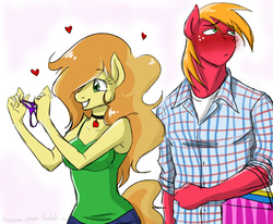 Size: 1280x1054 | Tagged: safe, artist:hasana-chan, big macintosh, braeburn, earth pony, anthro, g4, applecest, blushing, clothes, collar, duo, female, heart, incest, male, panties, purple underwear, ship:braemac, shipping, shopping, straight, tank top, thong, trans female, transgender, underwear