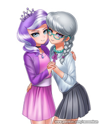Size: 700x875 | Tagged: safe, artist:racoonsan, diamond tiara, silver spoon, human, braid, choker, clothes, duo, female, glasses, holding hands, humanized, looking at you, necklace, pearl necklace, pendant, pleated skirt, simple background, skirt, smiling, white background